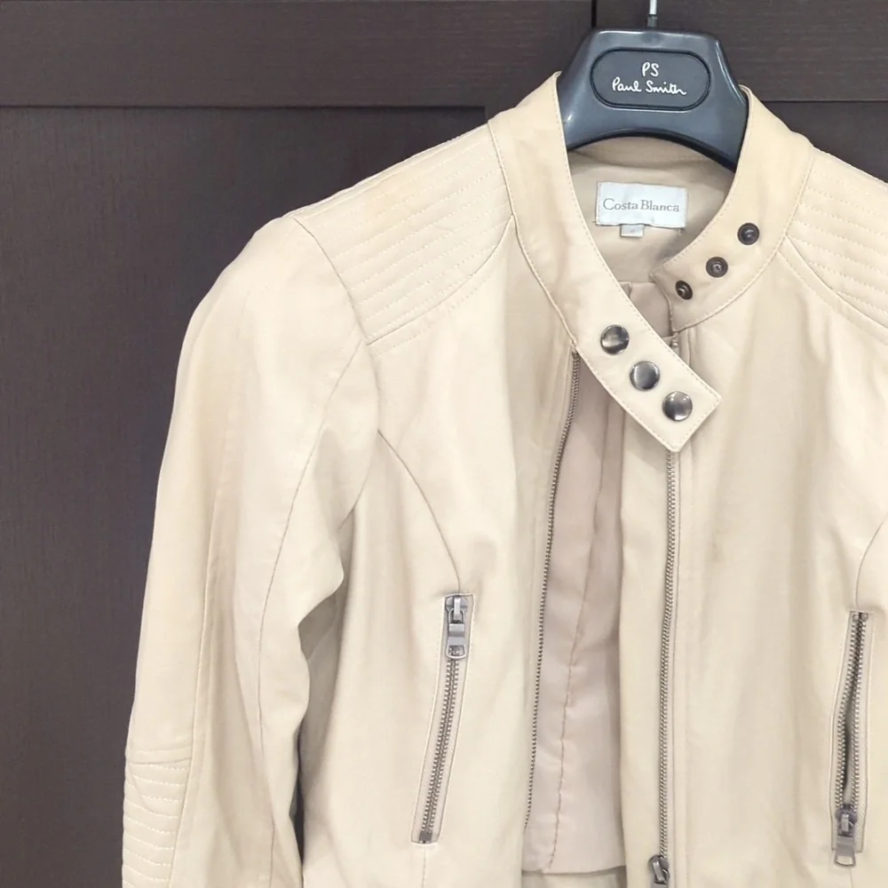 Costa Blanca Cream Faux Leather Motorcycle Jacket - Size 2 XS Great Condition - Picture 3 of 7